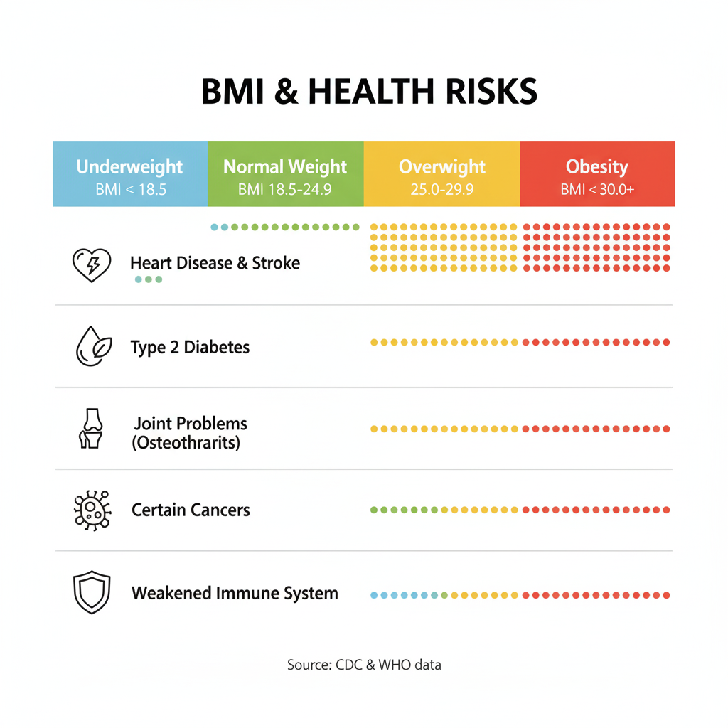 Infographic showing the correlation between BMI levels and risk for various health conditions

